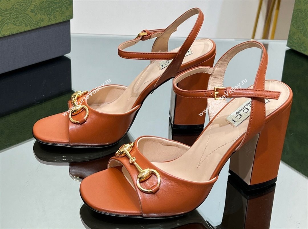 Gucci Heel 9cm Womens Horsebit sandals 771600 leather Brown 2024 (modeng-23121314)