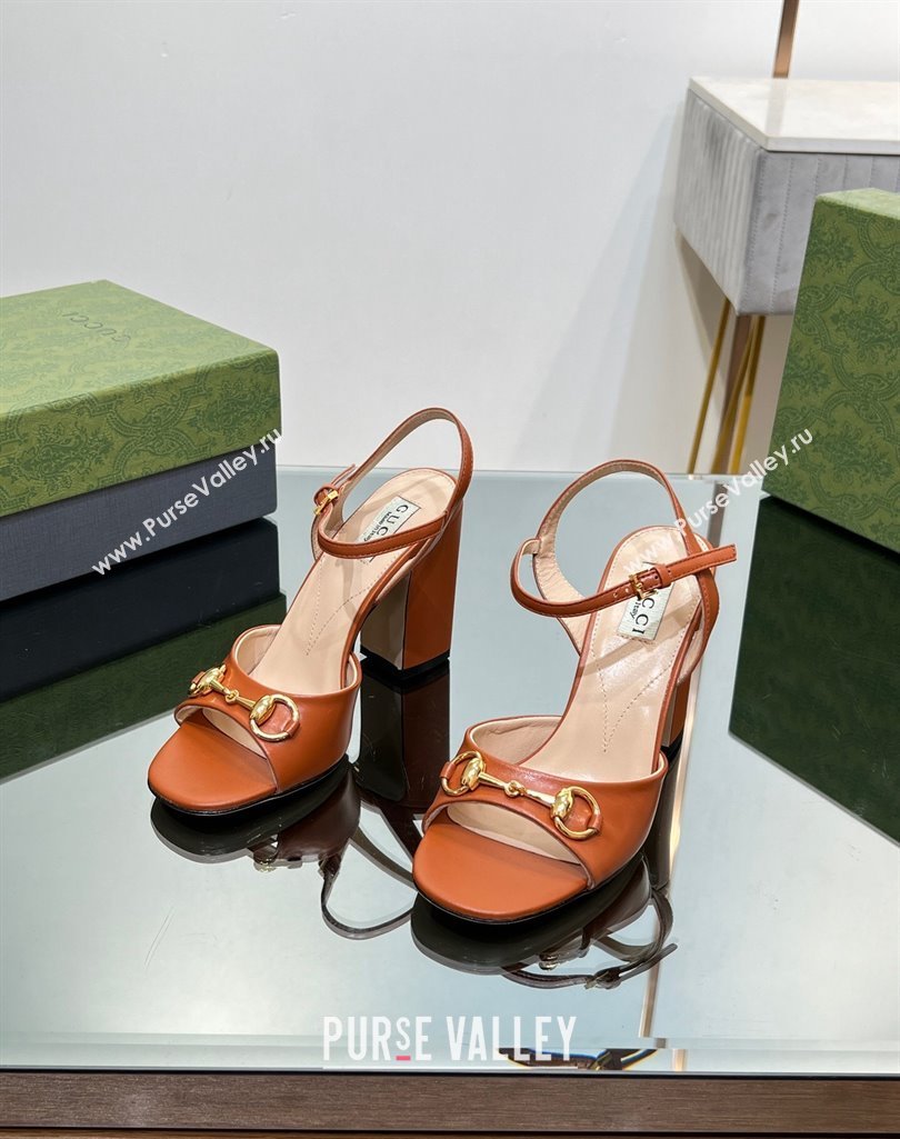 Gucci Heel 9cm Womens Horsebit sandals 771600 leather Brown 2024 (modeng-23121314)