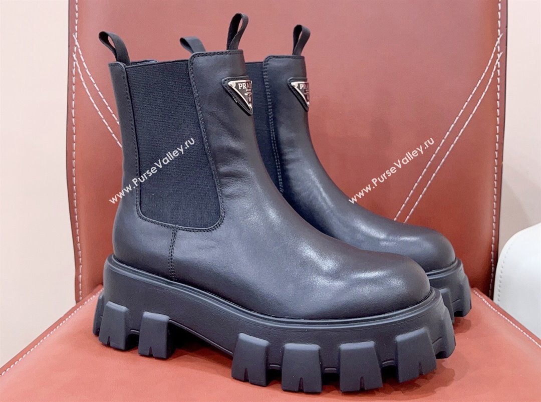 Prada Monolith brushed leather booties Black with Enameled metal triangle logo 1T256N 2024 (siyate-23121916)