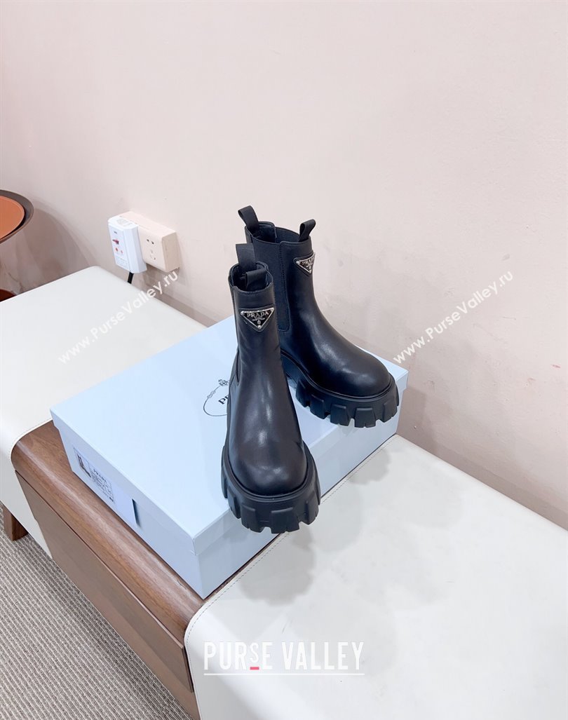 Prada Monolith brushed leather booties Black with Enameled metal triangle logo 1T256N 2024 (siyate-23121916)