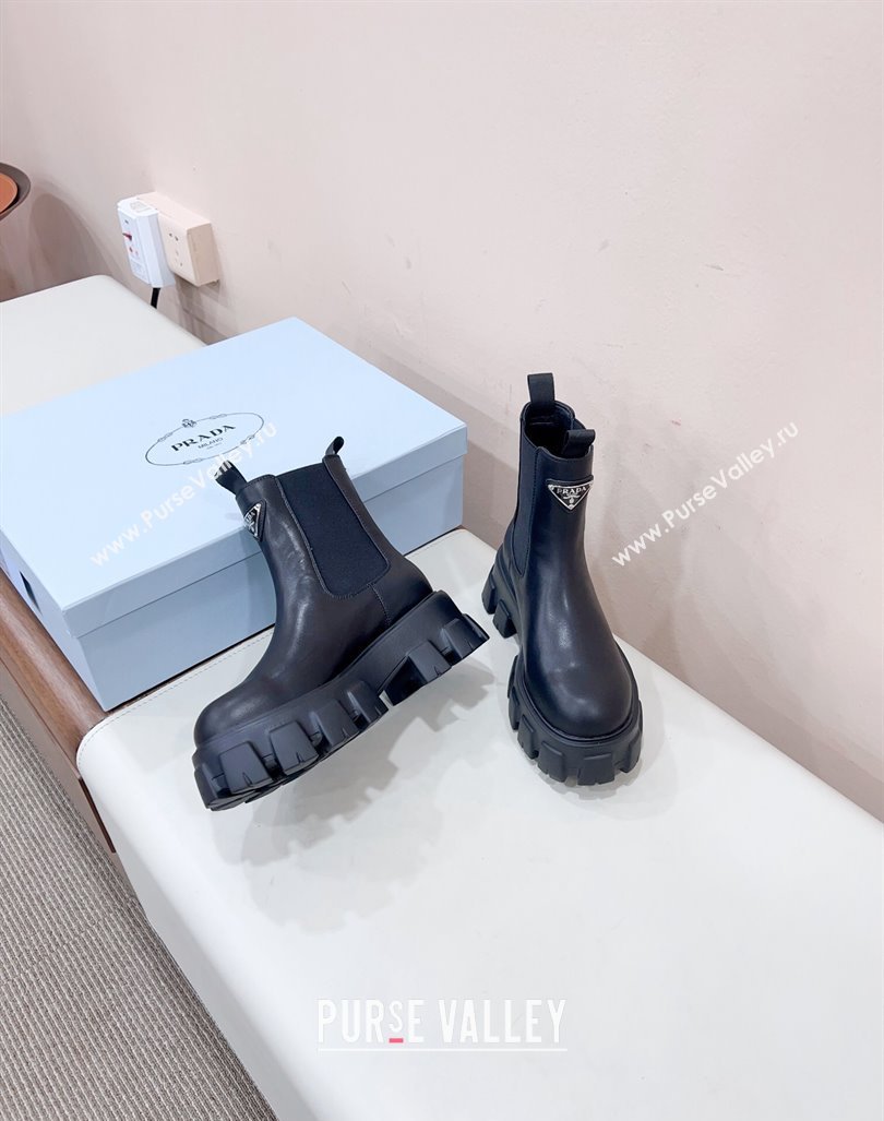 Prada Monolith brushed leather booties Black with Enameled metal triangle logo 1T256N 2024 (siyate-23121916)