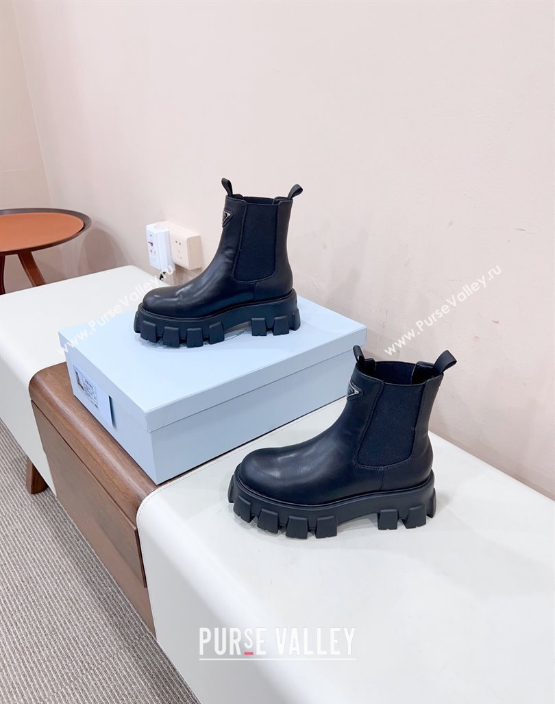 Prada Monolith brushed leather booties Black with Enameled metal triangle logo 1T256N 2024 (siyate-23121916)