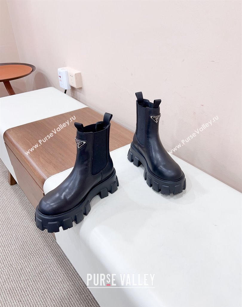 Prada Monolith brushed leather booties Black with Enameled metal triangle logo 1T256N 2024 (siyate-23121916)