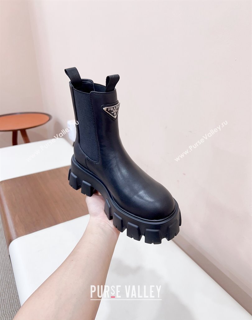 Prada Monolith brushed leather booties Black with Enameled metal triangle logo 1T256N 2024 (siyate-23121916)