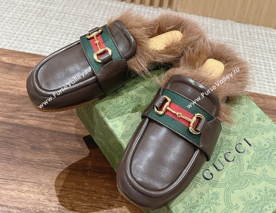 Gucci Horsebit with Web Wooly fabric lining slipper Coffee 2024 (siyate-23121922)