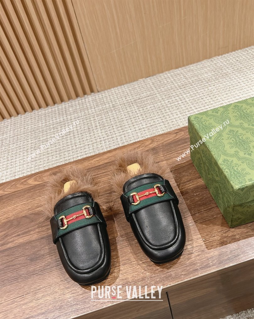 Gucci Horsebit with Web Wooly fabric lining slipper Black 2024 (siyate-23121921)