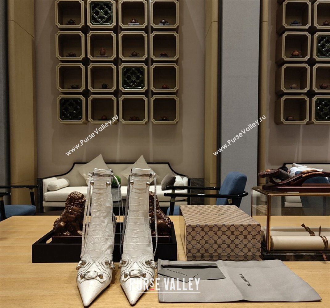 Balenciaga Heel 9cm Cagole Booties in Croco Pattern White (modeng-23121615)