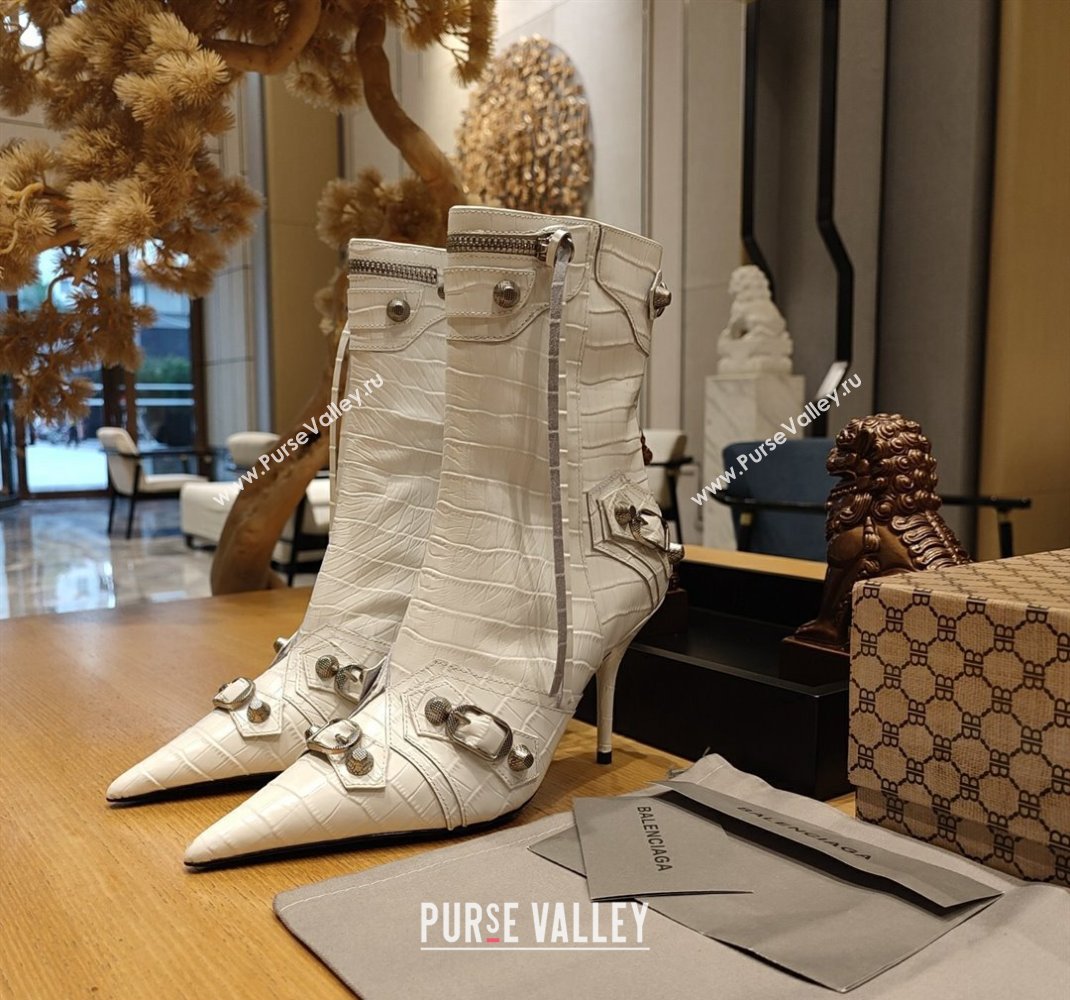 Balenciaga Heel 9cm Cagole Booties in Croco Pattern White (modeng-23121615)