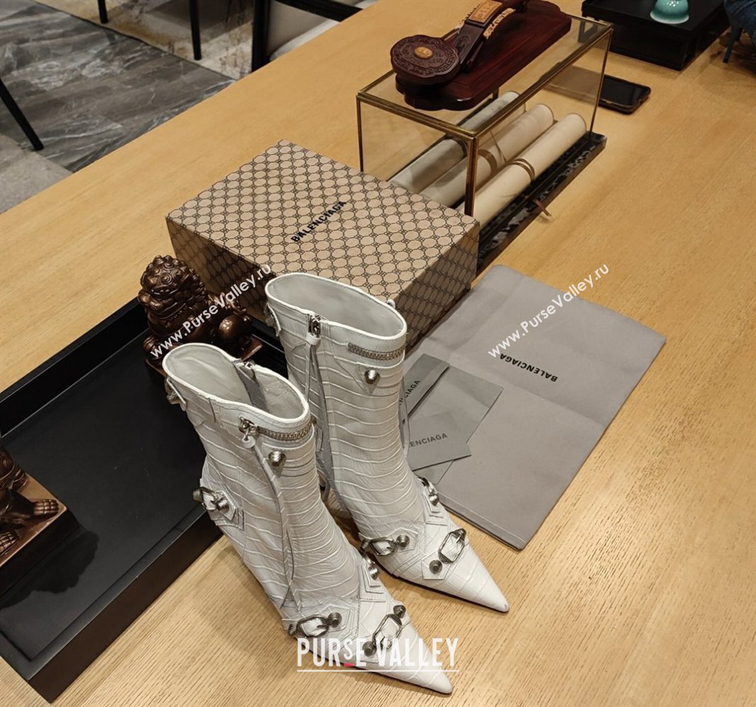 Balenciaga Heel 9cm Cagole Booties in Croco Pattern White (modeng-23121615)