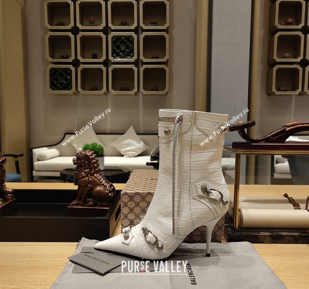 Balenciaga Heel 9cm Cagole Booties in Croco Pattern White (modeng-23121615)