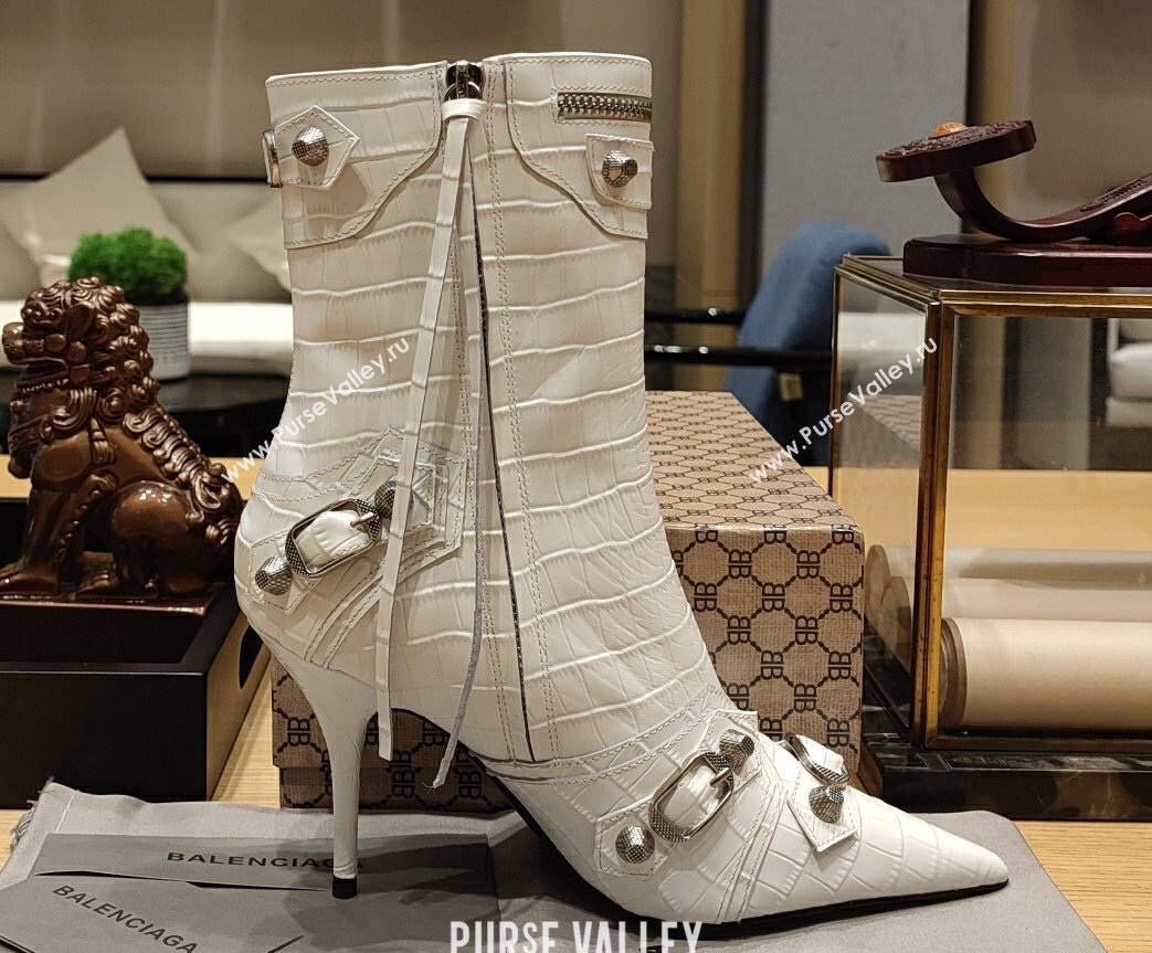 Balenciaga Heel 9cm Cagole Booties in Croco Pattern White (modeng-23121615)