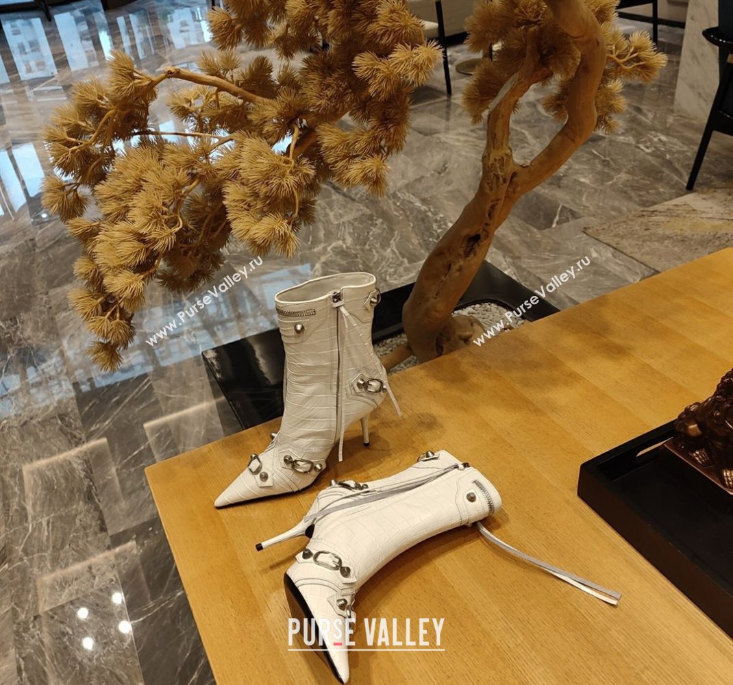 Balenciaga Heel 9cm Cagole Booties in Croco Pattern White (modeng-23121615)