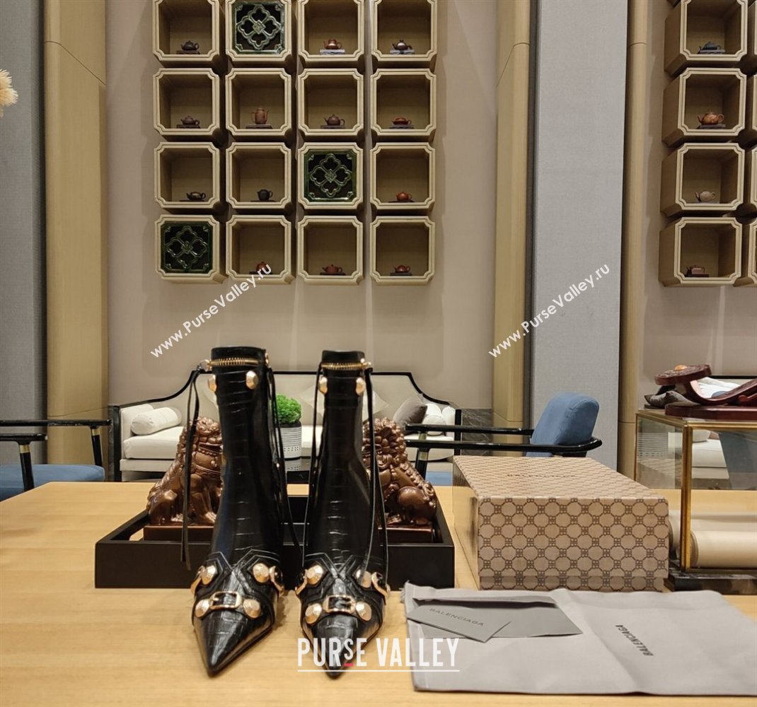 Balenciaga Heel 9cm Cagole Booties in Croco Pattern Black (modeng-23121614)