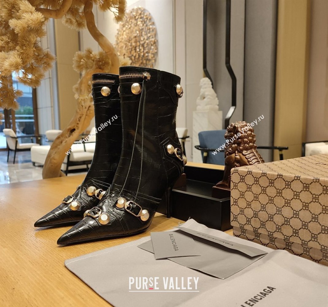 Balenciaga Heel 9cm Cagole Booties in Croco Pattern Black (modeng-23121614)
