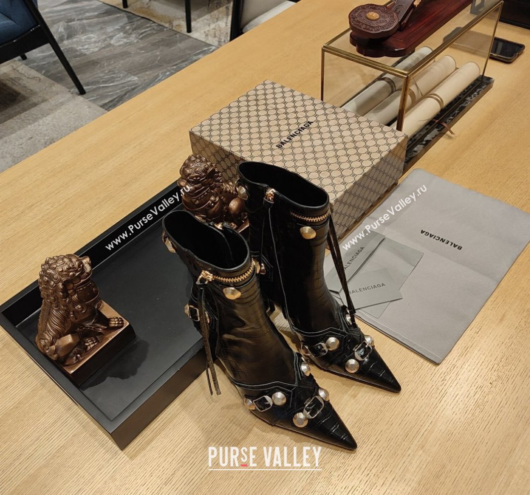 Balenciaga Heel 9cm Cagole Booties in Croco Pattern Black (modeng-23121614)