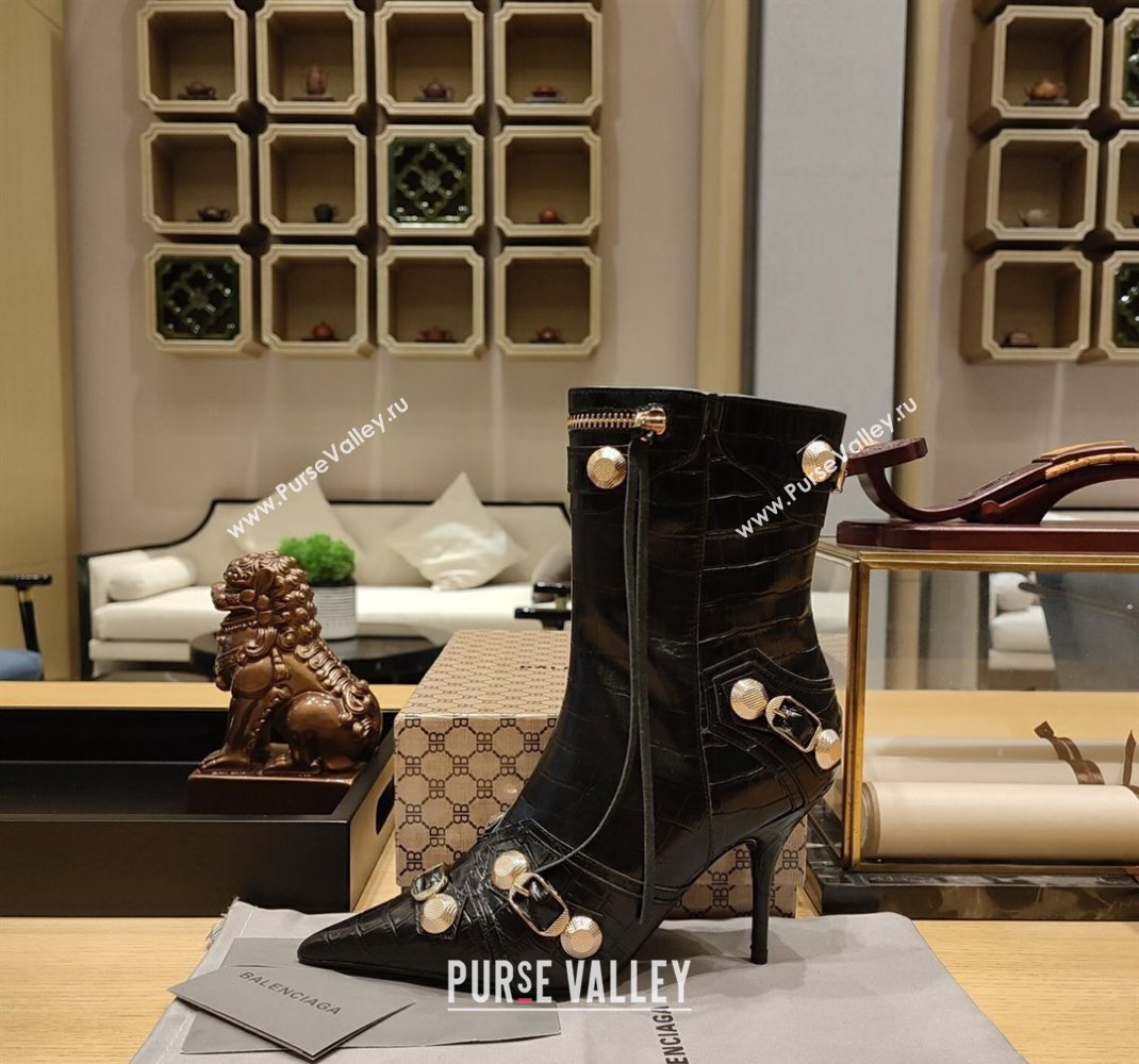Balenciaga Heel 9cm Cagole Booties in Croco Pattern Black (modeng-23121614)