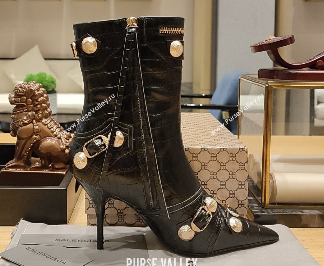 Balenciaga Heel 9cm Cagole Booties in Croco Pattern Black (modeng-23121614)
