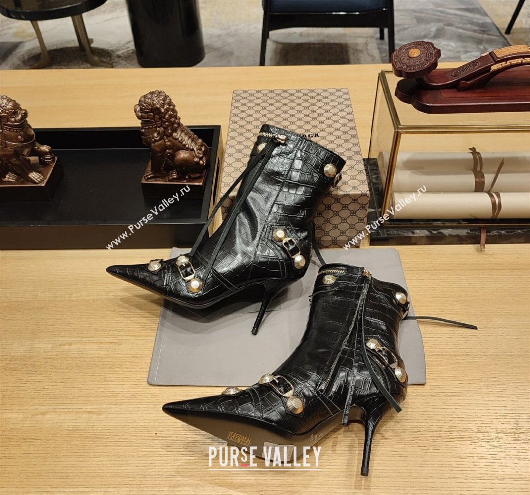 Balenciaga Heel 9cm Cagole Booties in Croco Pattern Black (modeng-23121614)