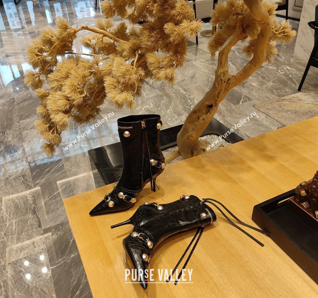 Balenciaga Heel 9cm Cagole Booties in Croco Pattern Black (modeng-23121614)