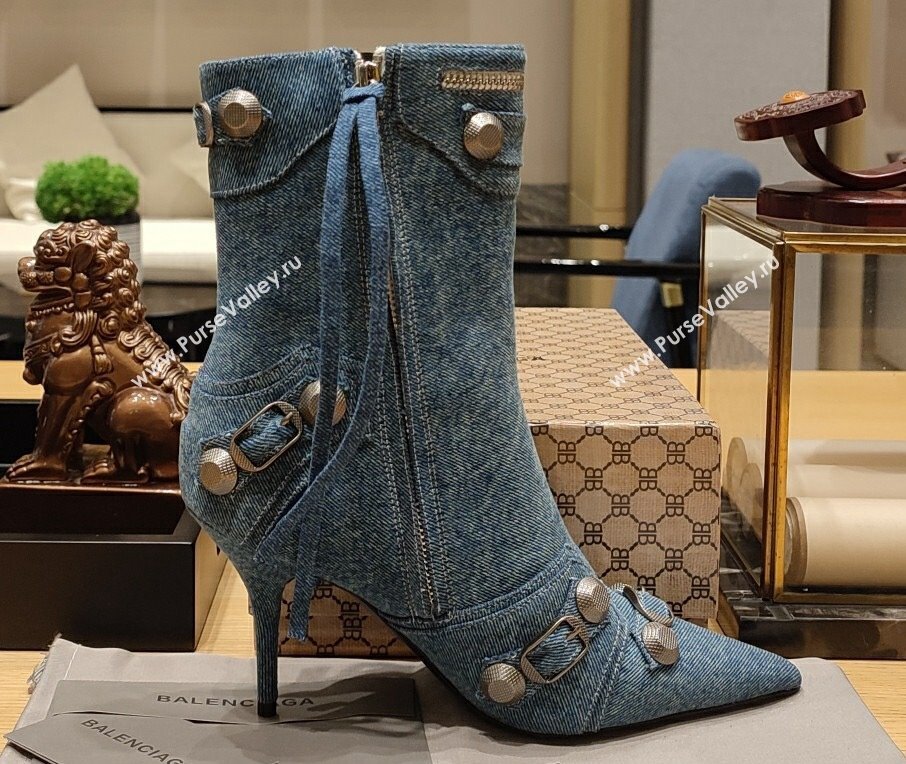 Balenciaga Heel 9cm Cagole Booties in blue denim printed Nappa lambskin (modeng-23121617)