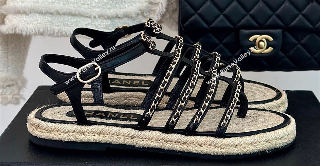Chanel CC Logo and Chain Lambskin Sandals G45050 Black 2024 (modeng-23121511)