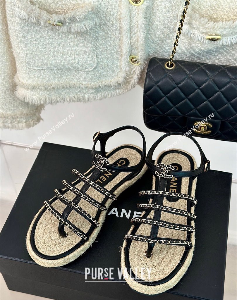 Chanel CC Logo and Chain Lambskin Sandals G45050 Black 2024 (modeng-23121511)