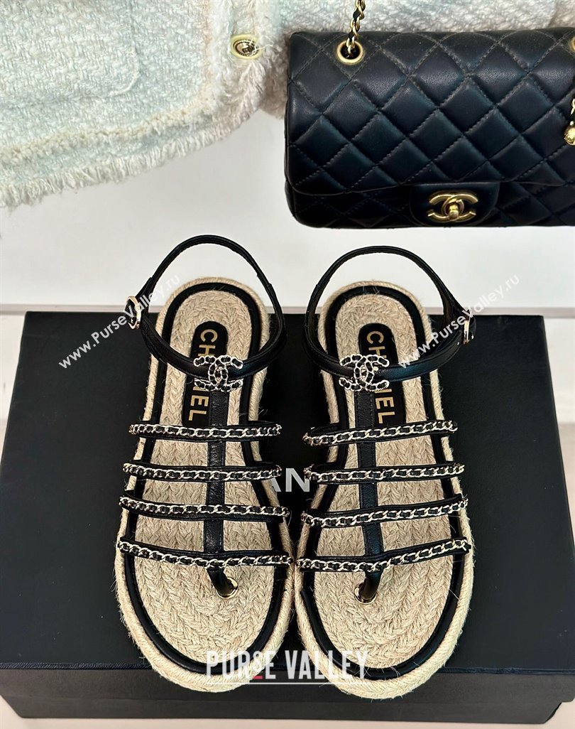Chanel CC Logo and Chain Lambskin Sandals G45050 Black 2024 (modeng-23121511)