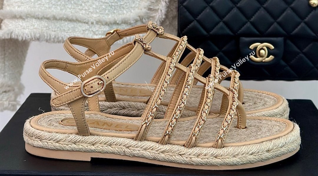 Chanel CC Logo and Chain Lambskin Sandals G45050 Beige 2024 (modeng-23121513)