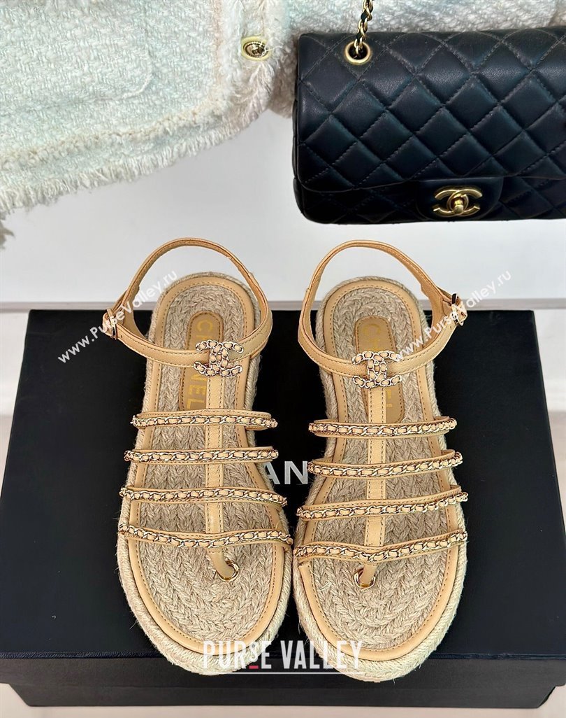 Chanel CC Logo and Chain Lambskin Sandals G45050 Beige 2024 (modeng-23121513)