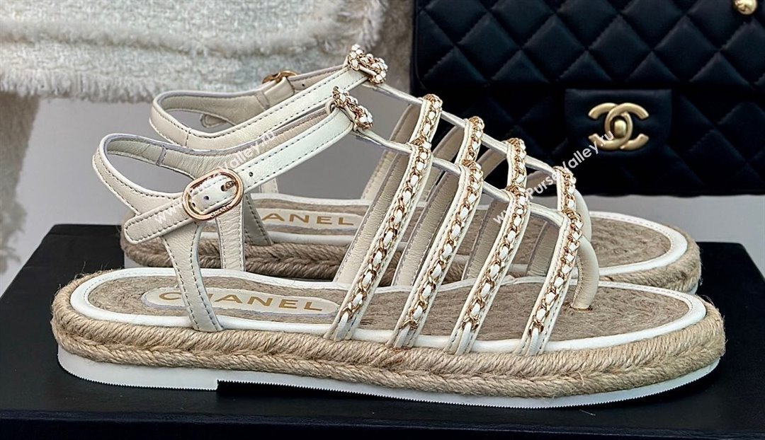 Chanel CC Logo and Chain Lambskin Sandals G45050 White 2024 (modeng-23121512)