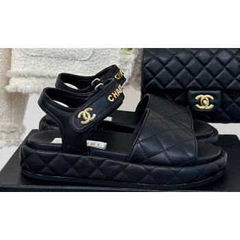 Chanel Heel 4cm Logo and Quilting Lambskin Beach Sandals Black 2024 (modeng-23121519)