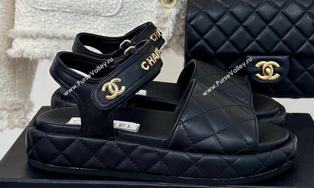 Chanel Heel 4cm Logo and Quilting Lambskin Beach Sandals Black 2024 (modeng-23121519)