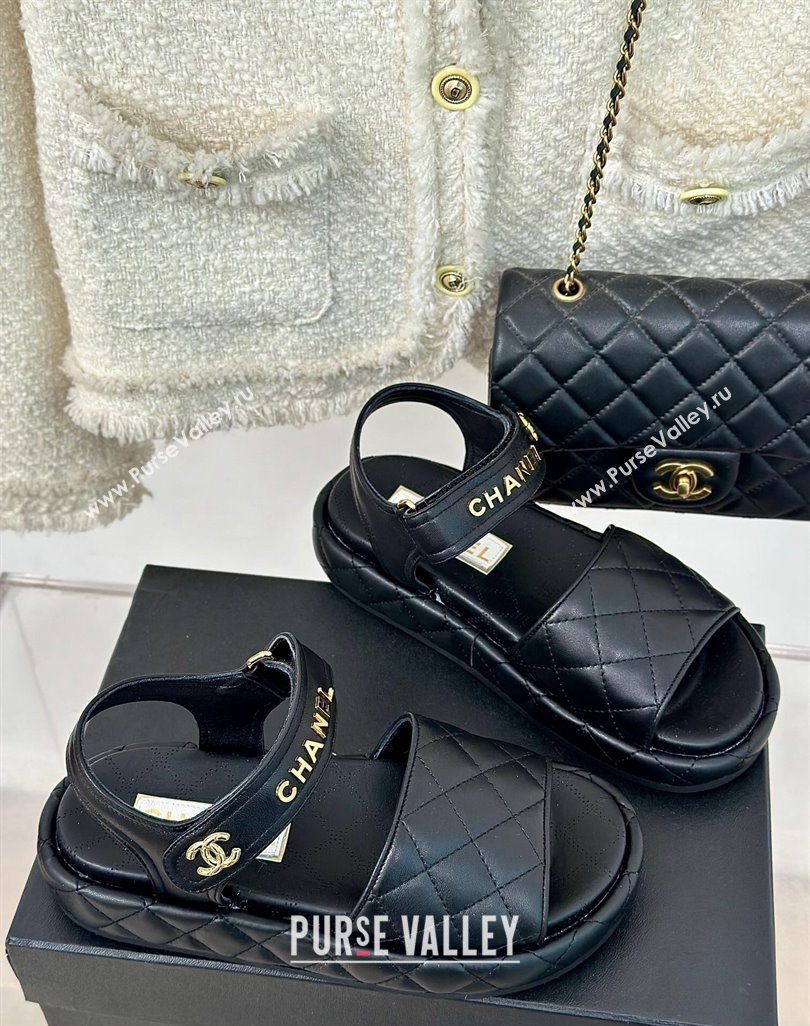 Chanel Heel 4cm Logo and Quilting Lambskin Beach Sandals Black 2024 (modeng-23121519)