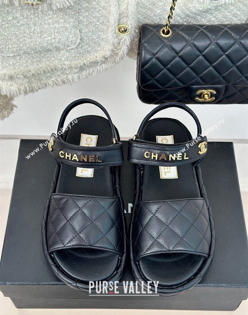 Chanel Heel 4cm Logo and Quilting Lambskin Beach Sandals Black 2024 (modeng-23121519)