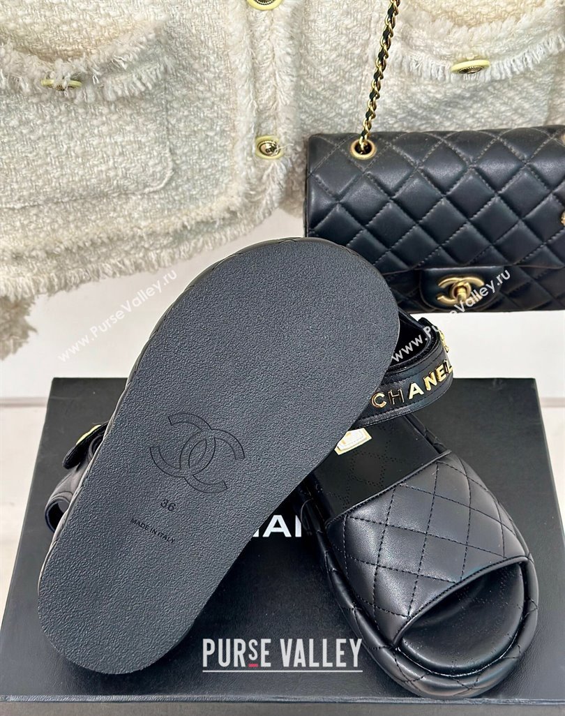 Chanel Heel 4cm Logo and Quilting Lambskin Beach Sandals Black 2024 (modeng-23121519)
