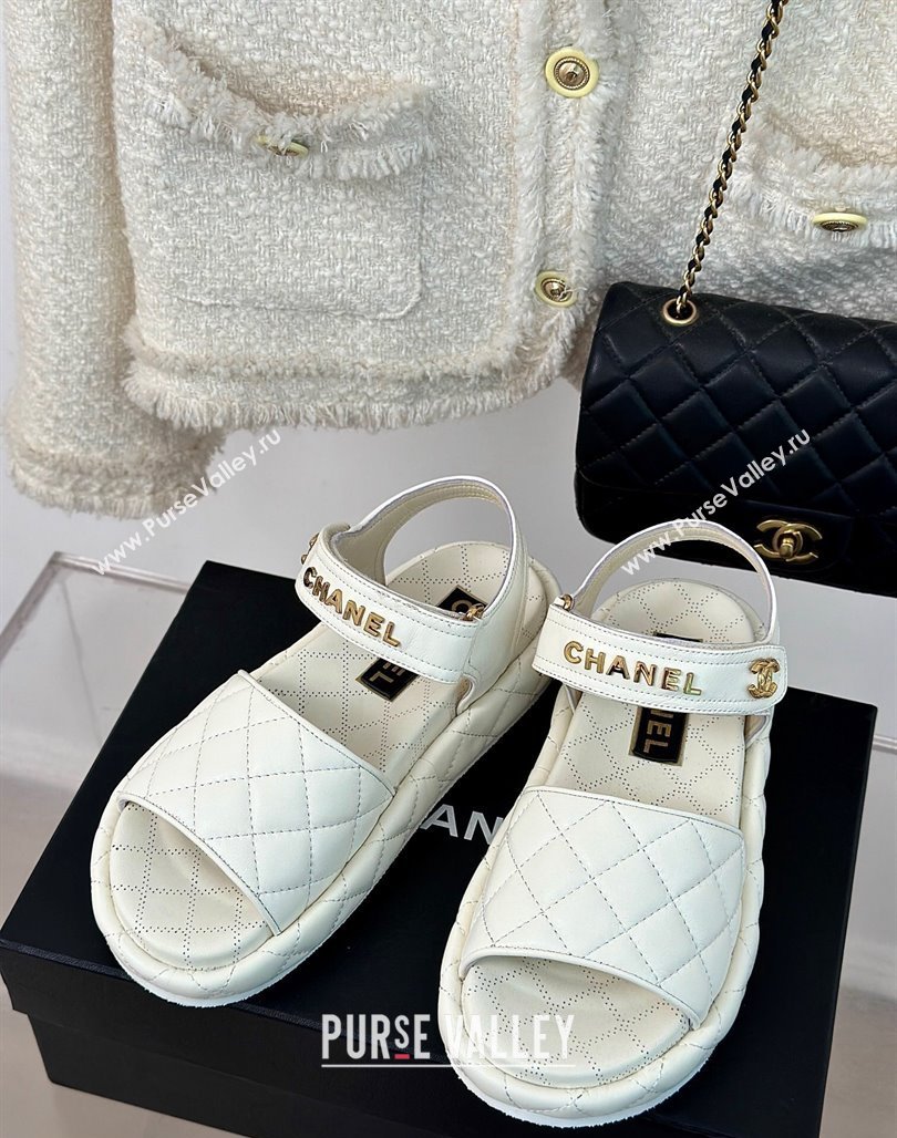 Chanel Heel 4cm Logo and Quilting Lambskin Beach Sandals White 2024 (modeng-23121520)