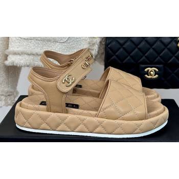Chanel Heel 4cm Logo and Quilting Lambskin Beach Sandals Beige 2024 (modeng-23121521)