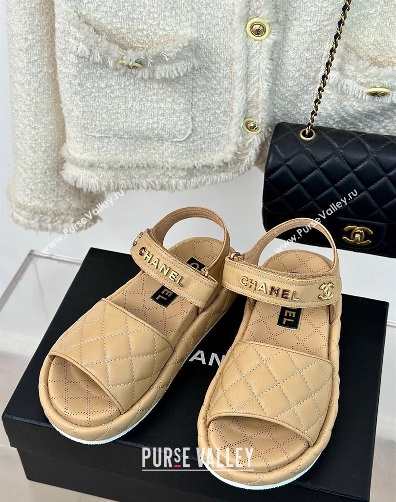 Chanel Heel 4cm Logo and Quilting Lambskin Beach Sandals Beige 2024 (modeng-23121521)