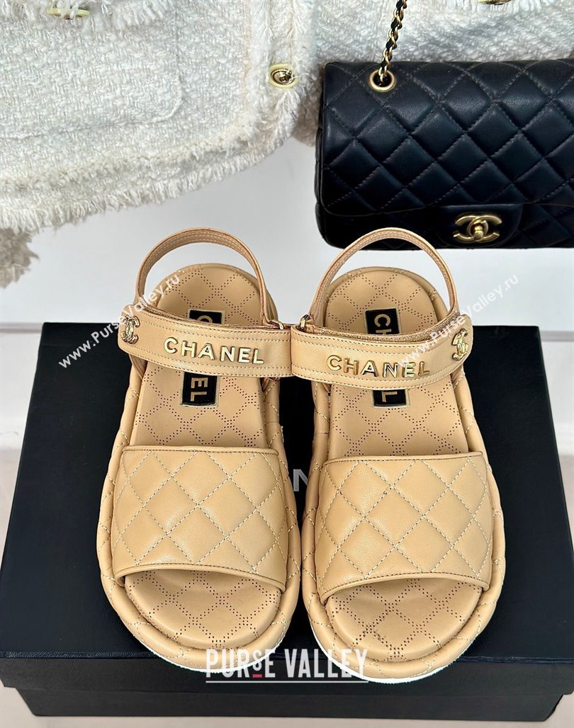 Chanel Heel 4cm Logo and Quilting Lambskin Beach Sandals Beige 2024 (modeng-23121521)