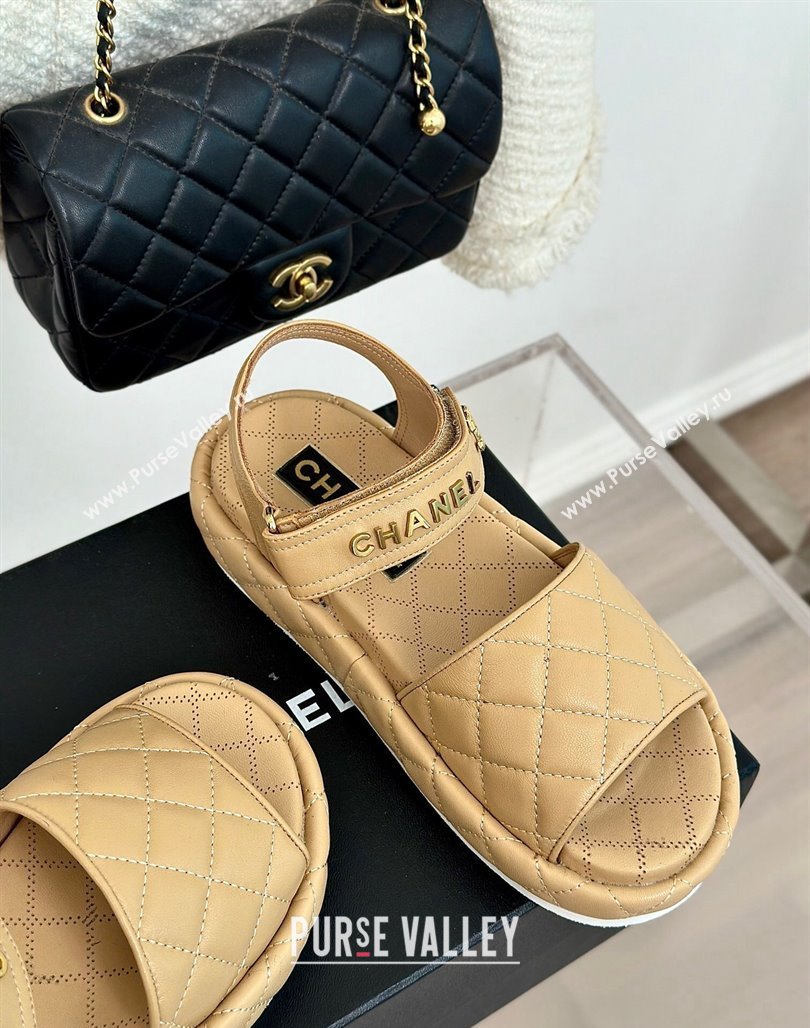 Chanel Heel 4cm Logo and Quilting Lambskin Beach Sandals Beige 2024 (modeng-23121521)