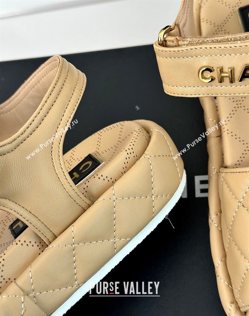 Chanel Heel 4cm Logo and Quilting Lambskin Beach Sandals Beige 2024 (modeng-23121521)
