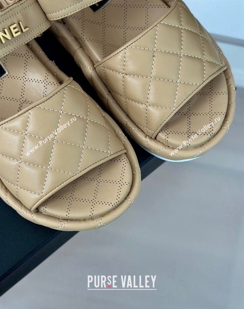 Chanel Heel 4cm Logo and Quilting Lambskin Beach Sandals Beige 2024 (modeng-23121521)