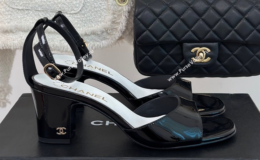Chanel Heel 6cm Patent Calfskin Sandals Black 2024 (modeng-23121522)