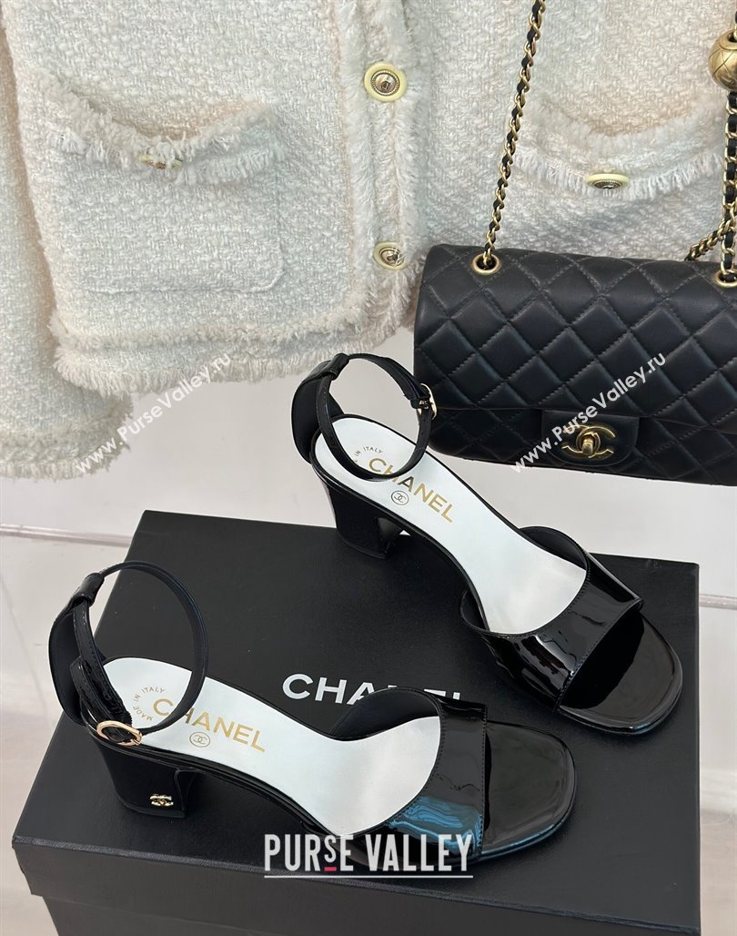 Chanel Heel 6cm Patent Calfskin Sandals Black 2024 (modeng-23121522)