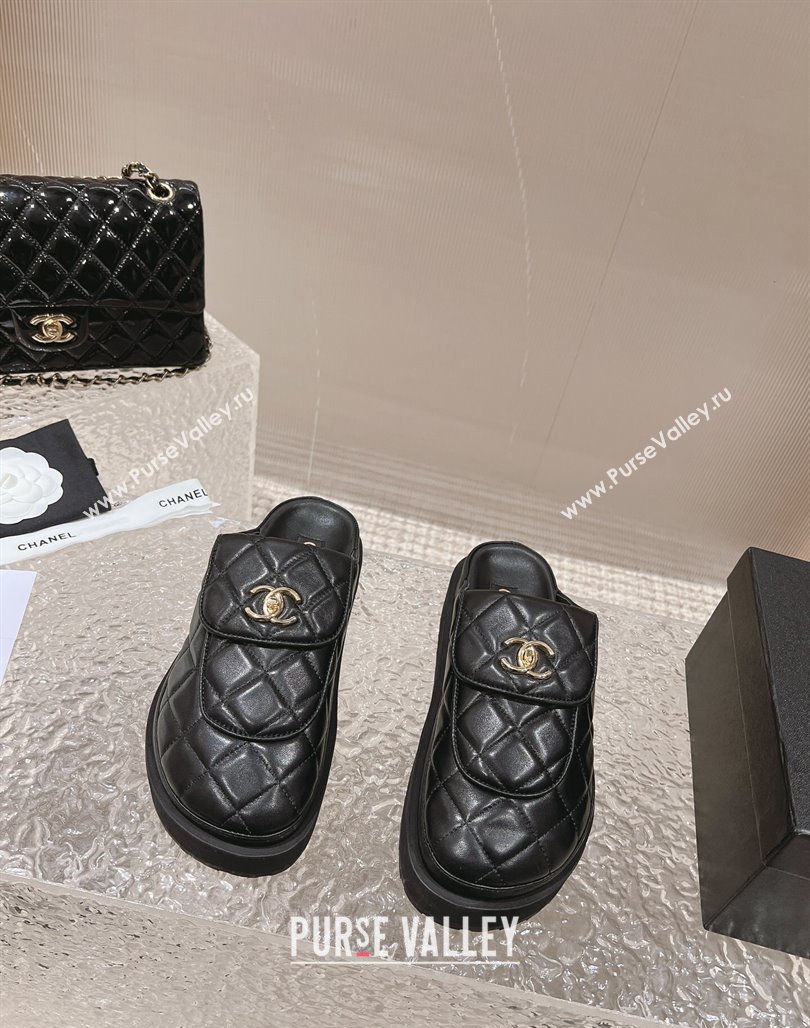 Chanel Heel 5cm CC Logo and Quilting Lambskin Mules Black 2024 (modeng-23121526)