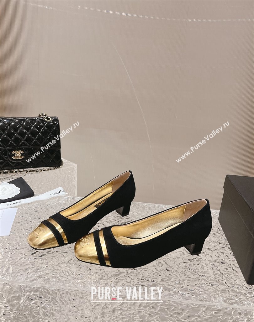 Chanel Heel 5cm CC Logo Black Suede and Gold Leather Pumps 2024 (modeng-23121527)