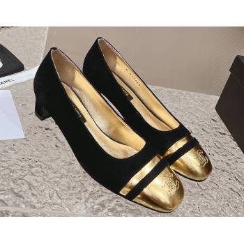 Chanel Heel 5cm CC Logo Black Suede and Gold Leather Pumps 2024 (modeng-23121527)