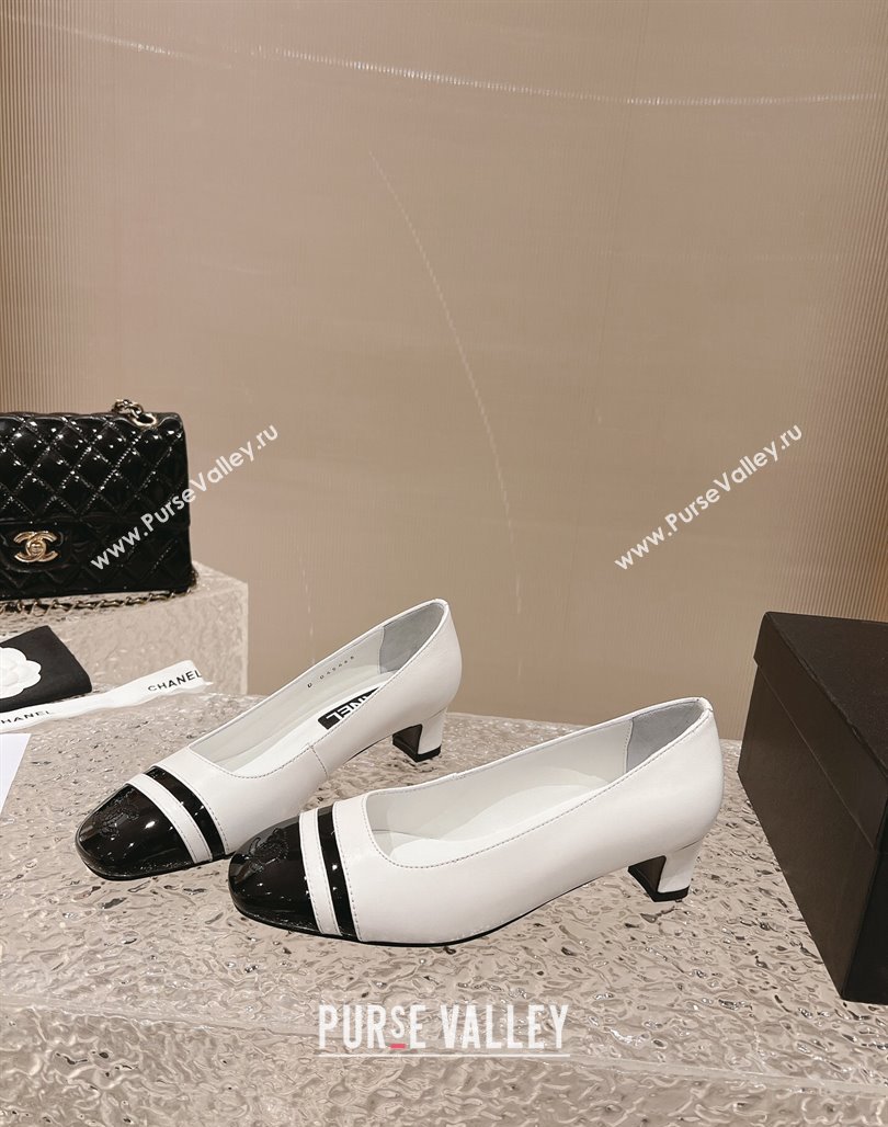 Chanel Heel 5cm CC Logo White and Black Patent Leather Pumps 2024 (modeng-23121529)