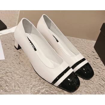 Chanel Heel 5cm CC Logo White and Black Patent Leather Pumps 2024 (modeng-23121529)