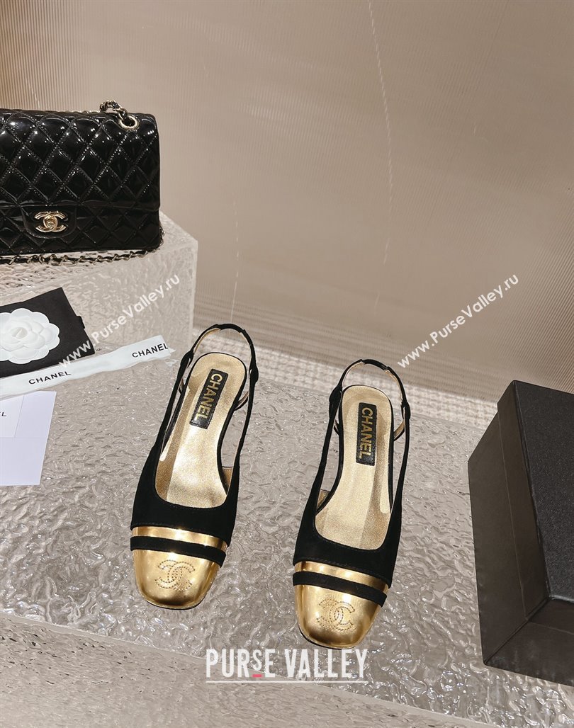 Chanel Heel 5cm CC Logo Black Suede and Gold Leather Slingbacks 2024 (modeng-23121530)